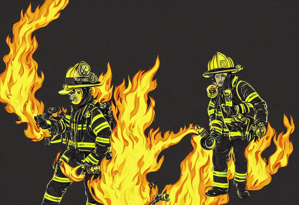 Prompt: one heroic firefighter in action in black and yellow uniform, fire flames, sharp details, sharp focus, realistic, highly detailed, illustration, by eduardo fornieles and matias hannecke and lucia massucco