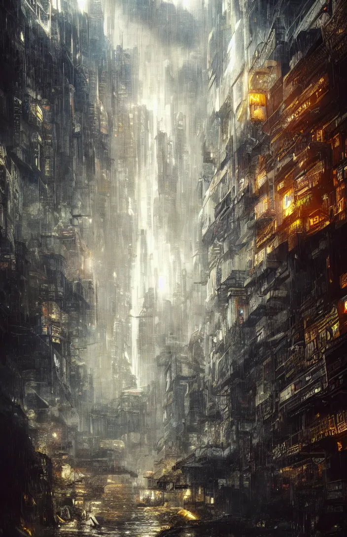 Image similar to a highly detailed blade runner cyberpunk on the edge of a waterfall, detailed, hyperreal phantastic, intricate details in environment, luminance, golden ratio, high aestehtic, cinematic light, dramatic light, godrays, distance, photobash, wideangle, bierstadt, hyperreal 4 k