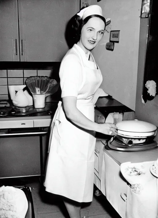 Image similar to a 35mm photograph of Hitler in an apron, dressed as a housewife, baking a cake, in the 1950's, bokeh, Canon 50mm, cinematic lighting, photography, retro, film, Kodachrome