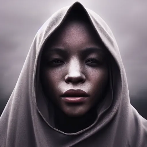 Image similar to a portrait of a young black woman wearing a long dark cloak, hood and shadows covering face, anatomically correct, beautiful perfect face, enigmatic, oil painting, matte painting, black background, Volumetric dynamic lighting, Highly Detailed, Cinematic Lighting, Unreal Engine, 8k, HD, by Beksinski