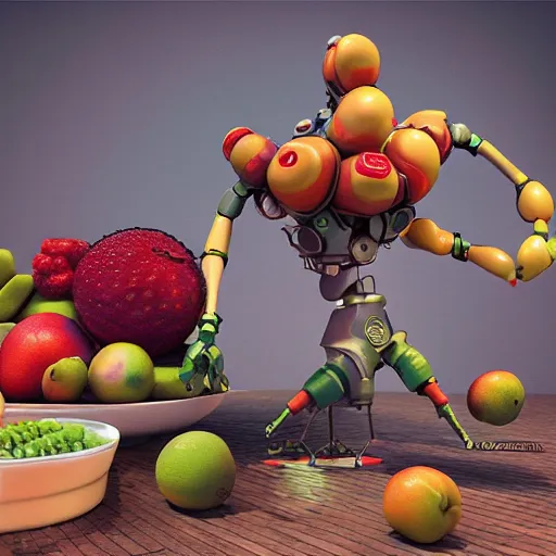 Image similar to fruit robot by go nagai, octane render, hyperrealistic textures