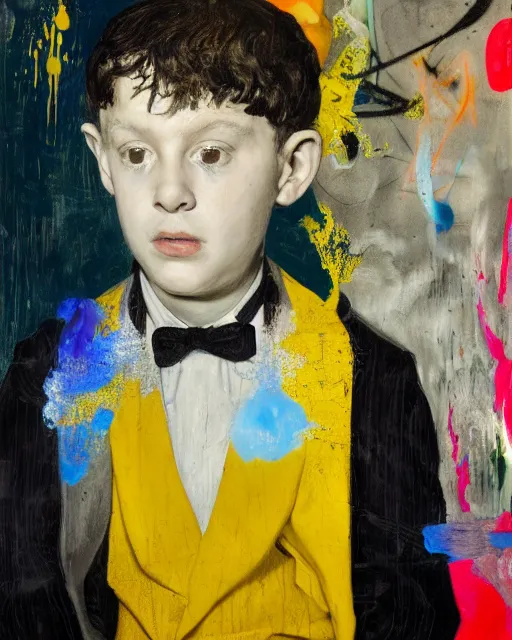 Image similar to portrait of a child piano player in tuxedo painted by vincent lefevre and hernan bas and pablo amaringo and pat steir and hilma af klint, psychological, photorealistic, dripping paint, washy brush, rendered in octane, altermodern, masterpiece