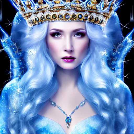 Image similar to beautiful ice queen with ornate crown and robes highly detailed, 4k, HDR, smooth, sharp focus, hyper realistic, high resolution