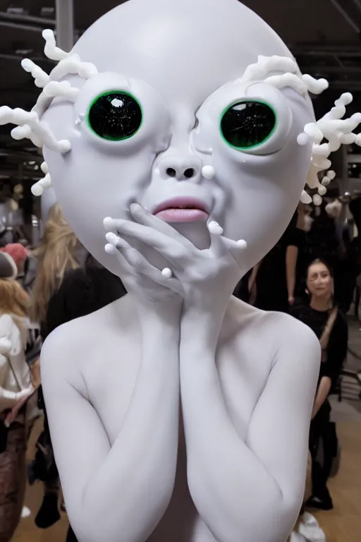 Image similar to full head and shoulders, beautiful porcelain female person, mixed with giant frog spawn eyes, smooth, delicate facial features, white detailed eyes, white lashes, 3 d white shiny thick, larg tentacles and eyeballs by daniel arsham and james jean, featured in pictoplasma