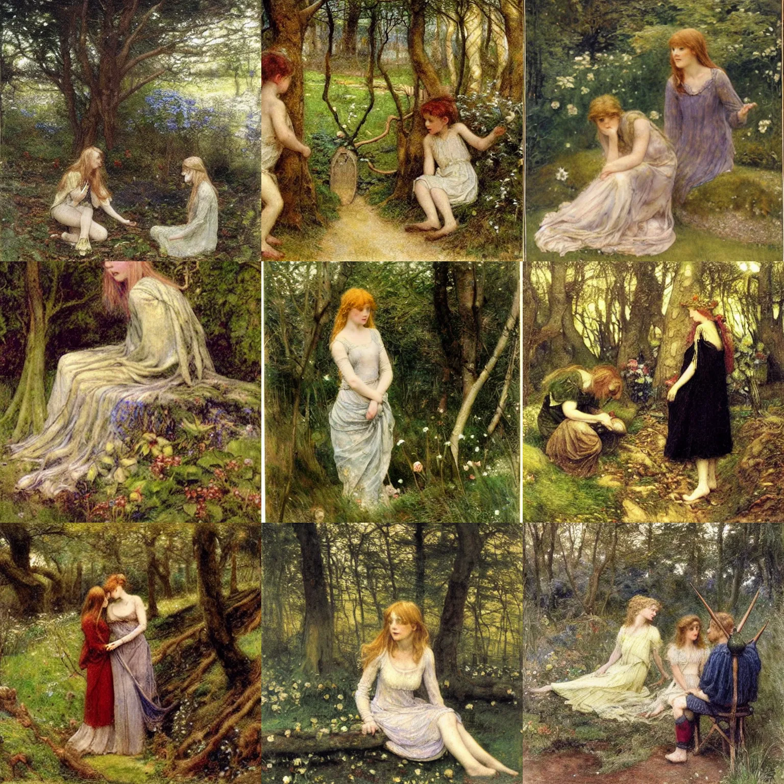 Prompt: henry meynell rheam's the fairy wood ( 1 9 0 3 ) with rowan atkingson