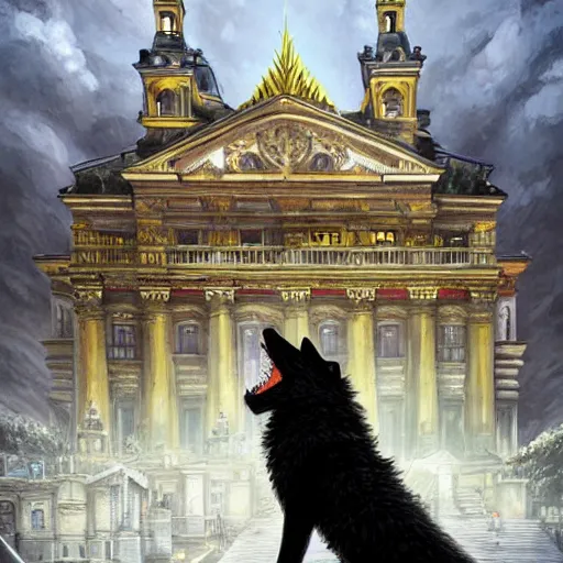 Prompt: werewolf highly sitting on the opera house at lviv, panorama, highly detailed, full body, digital painting, trending on artstation, concept art, sharp focus, illustration, art by artgerm and greg rutkowski and magali villeneuve