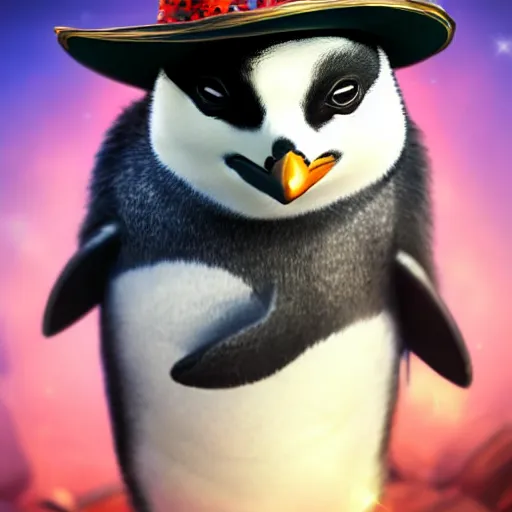 Image similar to epic professional digital airbrushed portrait art of a cute baby penguin dressed as a magician,, best on artstation, cgsociety, wlop, Behance, pixiv, cosmic, epic, stunning, gorgeous,, masterpiece by Dorian Cleavanger and Stanley Lau,