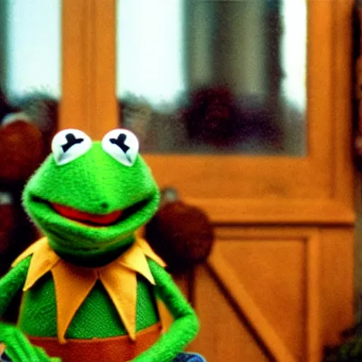 Prompt: Kermit the Frog in the movie The Shining