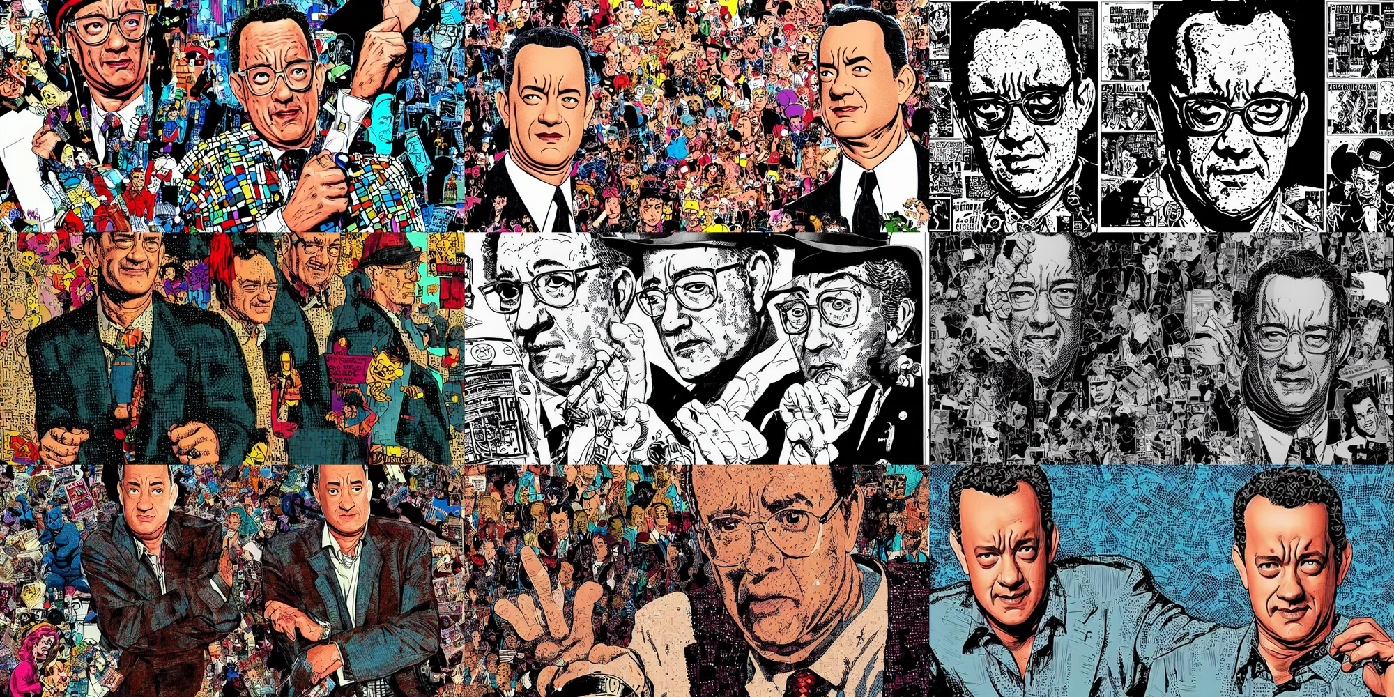 Prompt: Tom Hanks, middle-aged, beaded, comics style, very detailed, digital art, ArtStation, by Frank Miller, Will Eisner, Jack Kirby, Steve Ditko, Carl Barks, Alan Davis, Fiona Staples, John Romita, Jim Steranko