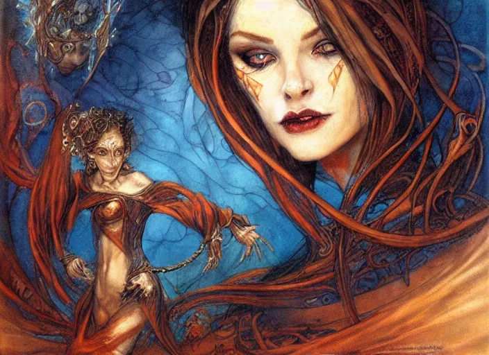 Prompt: portrait of diety of flame, beautiful! coherent! by brom, by brian froud, deep color, strong line, high contrast