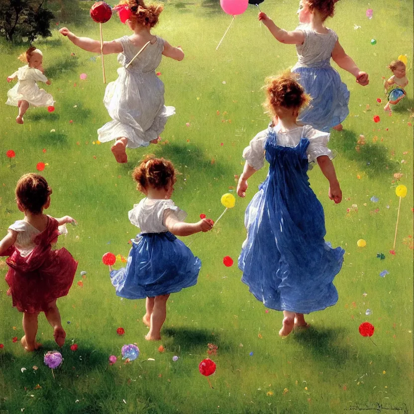 Image similar to idyllic cute toddler children running through meadows with lollypops, streamers, balloons, blue sky, flowers. dreamlike fantasy painting by norman rockwell, bouguereau. trending on artstation.