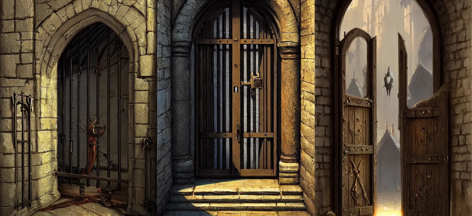 Prompt: medieval door with black steel bars, stephen bliss, unreal engine, fantasy art by greg rutkowski, loish, rhads, detailed and intricate environment