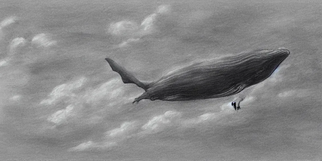 Prompt: a whale swimming in the sky, a dark cloudy day, a shot from skyscrapper, pencil drawing, ultra realistic, dmt, volumetric lighting