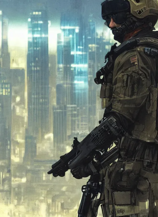 Prompt: Hector. USN special forces operator looking at city skyline. Agent wearing Futuristic stealth suit. rb6s and MGS Concept art by James Gurney, Alphonso Mucha.