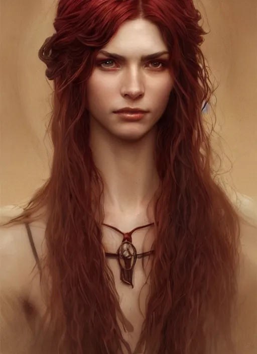 Image similar to vertical portrait of a ruggedly handsome female cleric, soft hair, close - up face, leather, witchy, d & d, fantasy, intricate, elegant, highly detailed, digital painting, artstation, concept art, smooth, sharp focus, illustration, art by artgerm and greg rutkowski and alphonse mucha, plain red background