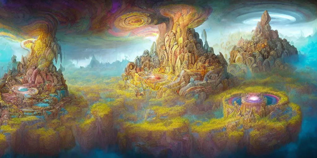 Image similar to a fantasy temple sits on top of a cross section of surreal geological biome chart with concentric layers of colourful strata forming a surreal tiered geological formation whith an , colourful strata, underground tunnel network, swirling clouds, pools of water, on dark paper, by peter mohrbacher, tarmo juhola, ivan laliashvili, james gurney, moebius, roger dean + wide angle view + v-ray + unreal engine + real life natural photo + daz studio iray + 8k textures ultra hd shaders + HDR lighting, ray traced, vue render, artstation