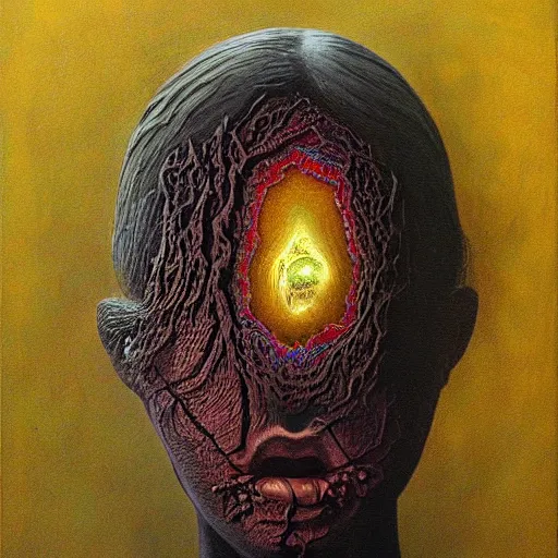 Image similar to dramatic portrait painting of woman with large crying eyes with black mandelbrot fractal instead of face, in style of zdzisław beksinski, horror, body horror, dark, disturbing,