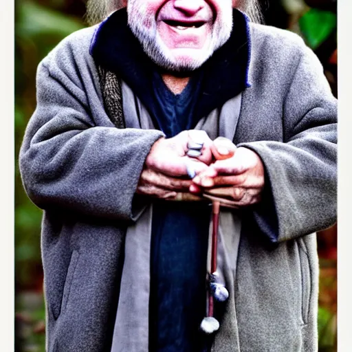 Prompt: danny devito as an old druid wizard, bald, bushy grey eyebrows, long grey hair, disheveled, wise old man, wearing a grey wizard hat, wearing a purple detailed coat, a bushy grey beard, sorcerer, he is a mad old man, laughing and yelling