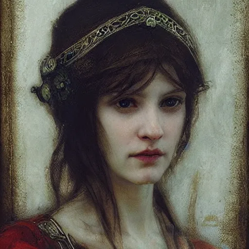 Image similar to detailed realistic beautiful young medieval queen face portrait by ruan jia, art nouveau, symbolist, visionary, gothic, pre - raphaelite