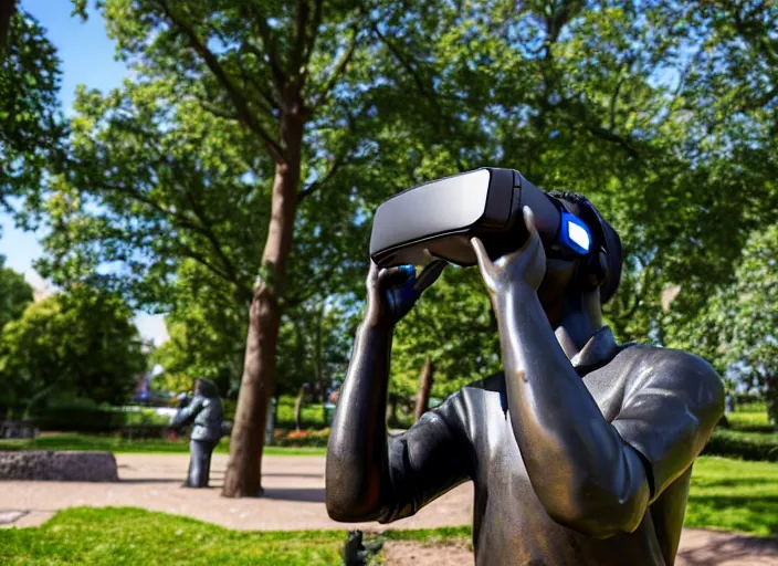 Image similar to photo still of a bronze statue of a man gaming in vr in a park on a bright sunny day, 8 k 8 5 mm f 1 6