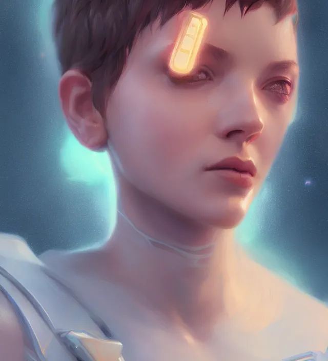 Prompt: a portrait of a futuristic girl with short hair, super detailed, digital art, art station trends, cinematic lighting, studio quality, smooth rendering, unreal engine 5 rendering, octane rendering, art style by klimt and nixeu and ian sprigger and wlop and krenz cushart