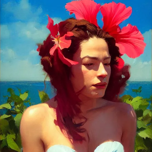 Prompt: greg manchess portrait of hibiscus with person head fantasy medium shot, asymmetrical, profile picture, organic painting, sunny day, matte painting, bold shapes, hard edges, street art, trending on artstation, by huang guangjian and gil elvgren and sachin teng