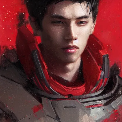 Image similar to portrait of a man by greg rutkowski, mixture between russian and japanese, black messy hair, star wars expanded universe, he is about 2 0 years old, wearing red tactical gear of the galactic triunvirate, highly detailed portrait, digital painting, artstation, concept art, smooth, sharp foccus ilustration, artstation hq