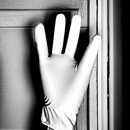 Image similar to a disembodied 5 - fingered white gloved hand sticking out from behind a dark doorway, waving at a terrified boy watching tv in a living room, cinematic lighting, dark living room, doorway with the gloved hand in the distance, haunted, scary