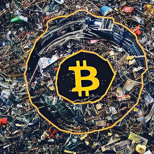 Prompt: < photo polluted attention - grabbing > a trash heap of old bitcoin miners covers the earth with the bitcoin logo in the background < / photo >