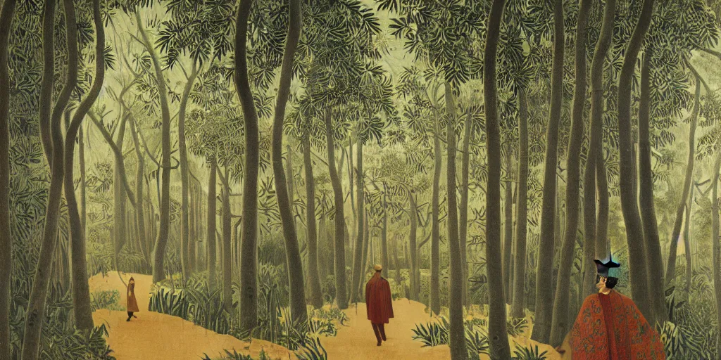 Image similar to a beautiful illustration of a man walking through the forest, he is wearing a cape covered with pinecone scales, by henri Rousseau, 8k, 4k