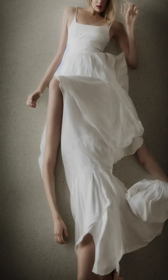 Prompt: photo of gorgeous seductive tall emily skinner cosplaying annie leonhart wearing elegant white dress, wearing open toe heels, in a white room, beautiful face, pale skin, rule of thirds, cinematic lighting, rainy weather, melancholy atmosphere, sharp focus, backlit, stunning, smooth, hard focus, full body shot, studio photo, shot on sony a 7 iii, hyper realistic,