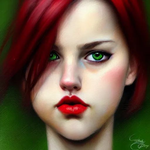 Image similar to a realistic illustration portrait of a beautiful cute girl with wavy short black and red hair, a pointy nose and, round chin black eyeliner and green pupills, in a garden, trending on artstation, hyper - realistic lighting, intricate by casey baugh