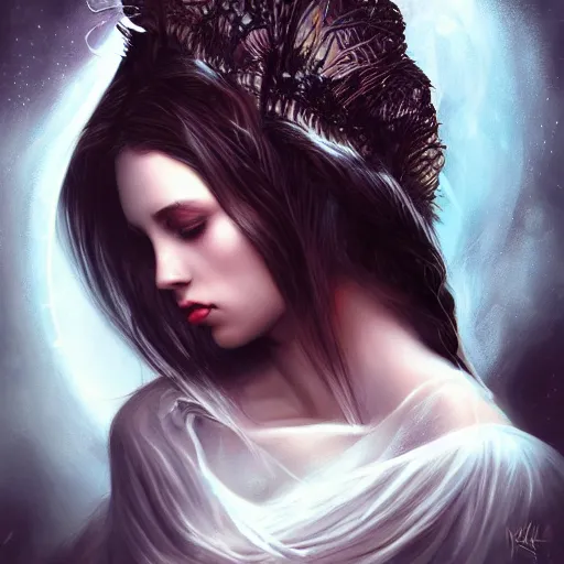 Image similar to head and shoulders portrait of an angelic creature, dark fantasy, mystic, abstract background, feminine beauty, elegant, intricate, face, medium shot, trending on artstation, volumetric light, by Fernanda Suarez and Karol Bak