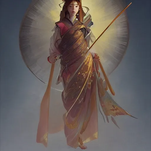 Prompt: female japanese sword goddess, d & d, golden!!! palette, highly detailed, digital painting, artstation, portrait, concept art, sharp focus, illustration, cinematic lighting, art by artgerm and greg rutkowski and alphonse mucha