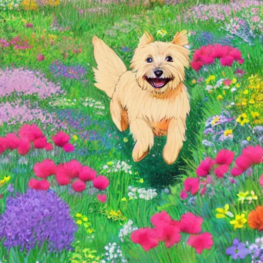 Image similar to A blond Norfolk terrier running and jumping through a field of beautiful flowers in the style of Studio Ghibli, very happy, detailed, award winning