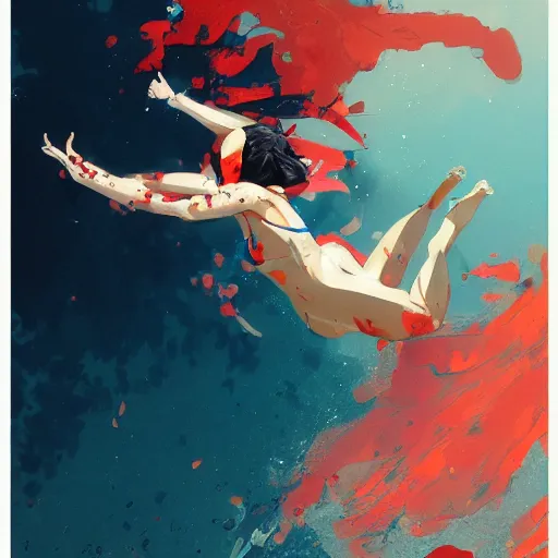 Prompt: a ultradetailed beautiful panting of a woman diving away from the viewer, by conrad roset, greg rutkowski and makoto shinkai, trending on artstation