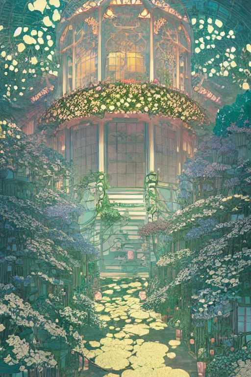 Image similar to a beautiful hyperdetailed matte illustration victo ngai style of absolutely beautiful blooming flower house, from china, perfectly shaded, atmospheric lighting, style of studio ghibli, makoto shinkai, raphael lacoste, louis comfort tiffany, artgerm, james jean, ross tran, chinese style