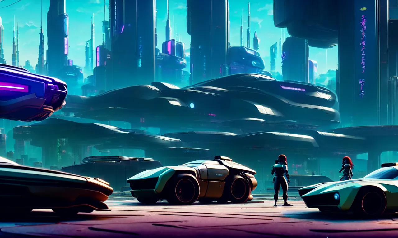 Image similar to a wholesome animation key shot of a futuristic car as a Cyberpunk 2077 loading screen, medium shot, architecture, studio Ghibli, Pixar and Disney animation, sharp, very detailed, high resolution, inspired by Hayao Miyazaki, anime key art by Greg Rutkowski, Bloom, dramatic lighting