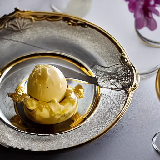 Prompt: a golden piggelin ice cream served on a silver plate by a butler, professional photograph, canon eos