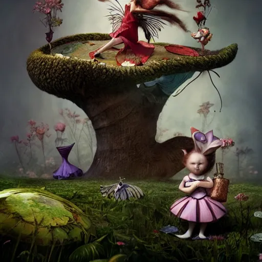 Image similar to alice in wonderland, by ray caesar and vincent callebaut and craola, trending on artstation hq, deviantart, pinterest, 4 k uhd image