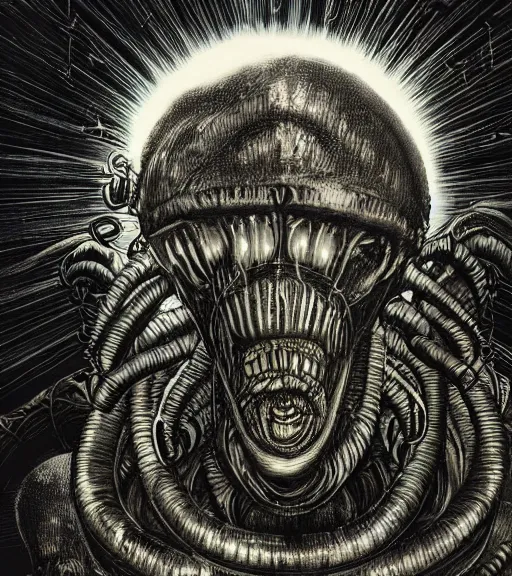 Image similar to profile picture of lovecraftian xenomorph, surrounded by beams of light dark background by wayne barlow, stanley donwood, anton semenov, zdzislaw bekinski, hr giger, 8 k, fantasy, dark, highly detailed