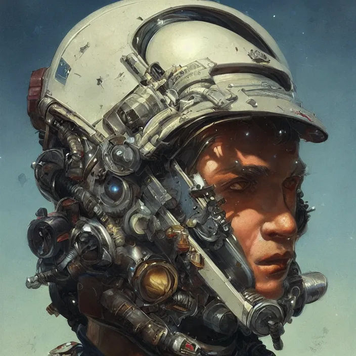 Prompt: a head and shoulders portrait of a space pirate, neon, retro, steampunk, smooth, sharp focus, intricate, artstation, detailed concept art by Greg Rutkowski and Norman Rockwell and Caravaggio