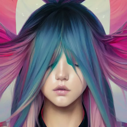 Image similar to portrait of beautiful symmetrical anime girl, rainbow hair, attractive, casual, modern, victoria's secret, highly detailed, digital painting, artstation, concept art, smooth, sharp focus, illustration, art by artgerm, greg rutkowski and alphonse mucha, 8 k,