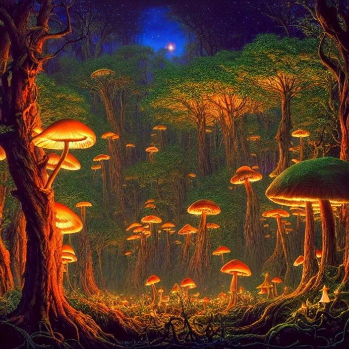 Prompt: an enchanted forest at night illuminated by glowing mushrooms open clearing, magical, awe inspiring, tim hildebrandt, wayne barlowe, bruce pennington, donato giancola, larry elmore, oil on canvas, masterpiece, trending on artstation, cinematic composition, beautiful lighting, sharp, details, hyper - detailed, hd, hdr, 4 k, 8 k