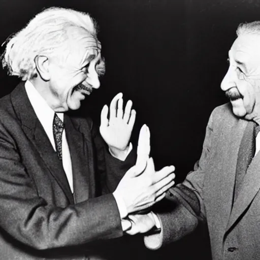 Prompt: albert einstein giving walt disney a high five, photograph, colorized, 1 9 5 4