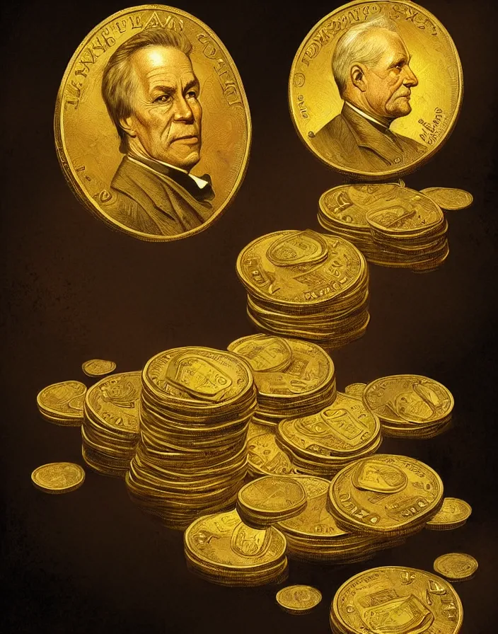 Image similar to dolar bill and gold coins from xix century, highly detailed, digital painting, artstation, concept art, sharp focus, illustration, art by Artgerm, Grafit Studio, and Greg Rutkowski and Craig Mullins