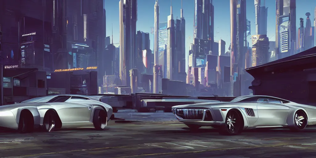 Prompt: art style by Ben Aronson and Edward Hopper and Syd Mead, wide shot view of the Cyberpunk 2077, on ground level. full view of a silver car designed by Henrik Fisker, Bruce Kaiserm and Jon Sibal.