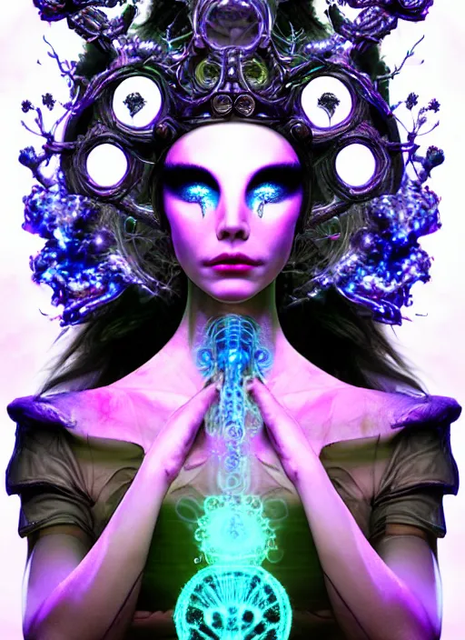 Prompt: 3 d goddess medium shot half - portrait with hyperdimensional mycorrhizal fungal implants. beautiful intricately detailed avante garde biopunk mask and alchemical retrowave sorceress outfit. glowing bio luminescent outline, storm, pulse projections, plasma, creature, artwork by tooth wu and wlop and android jones and beetle and greg rutkowsk