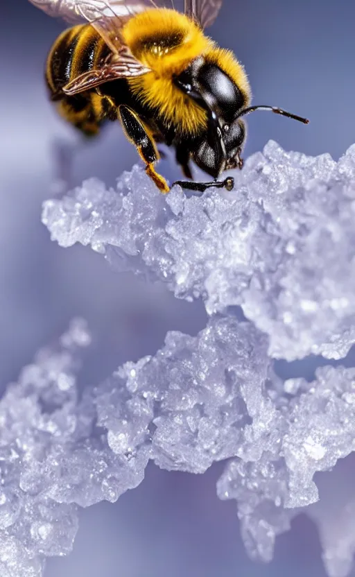 Image similar to a bee finding a beautiful flower, both entrapped in ice, only snow in the background, beautiful macro photography, ambient light