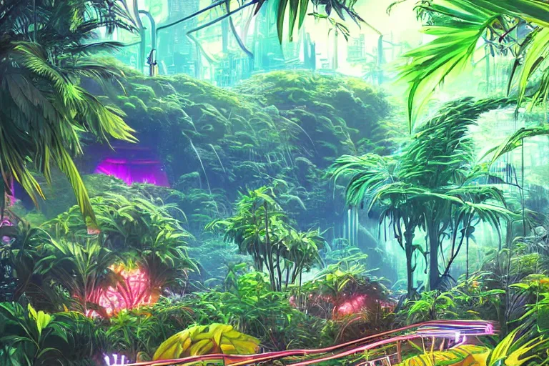 Image similar to retro futuristic jungle, DNA bio experiment, colourful futuristic landcape, neon bright lights, sci-fi concept art, by Studio Ghibli and Syd Mead, highly detailed vegetation, airbrush,